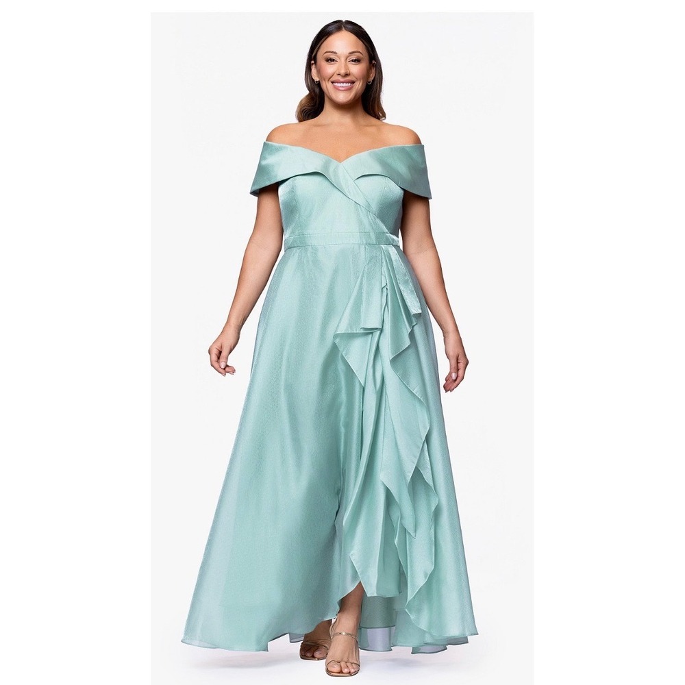 Xscape Women 18W Seafoam Green Off-the-Shoulder Ruffle Gown 7279XW SFM